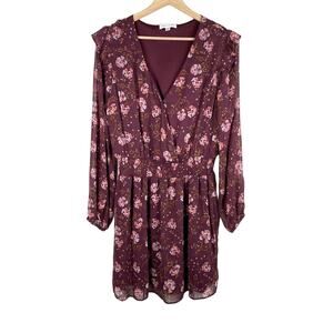 Socialite Burgundy Floral Puff Sleeve Surplice Mini Dress Size M Ruffle Smocked